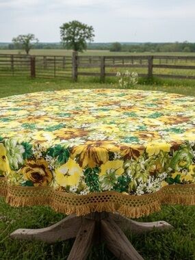 Vintage 60s Retro Round Floral Tablecloth with Fringe Boho Gold Green Brown 68”